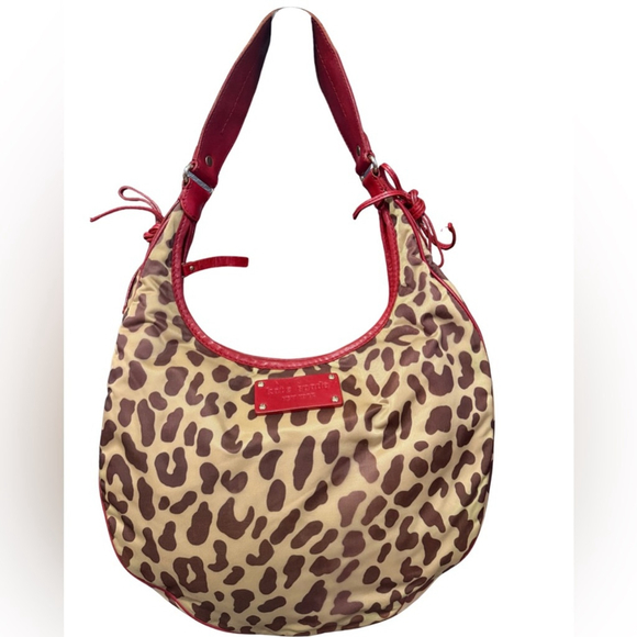 VINTAGE KATE SPADE NYLON LEOPARD PRINT SMALL RED BOW SHOULDER BAG - Picture 2 of 13